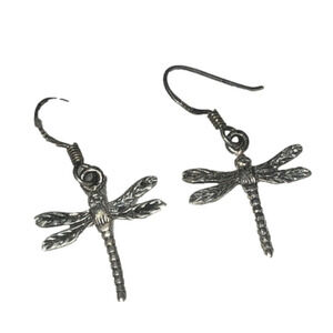 Vtg Sterling Silver Dragonfly Insect Dangle Earrings Shepherds Hook Posts 1.4”